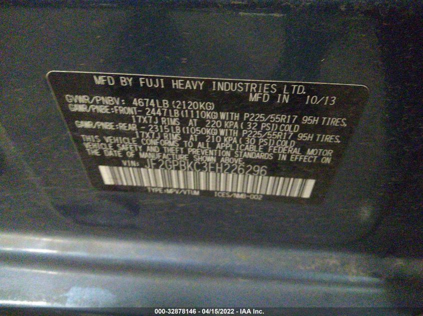 2014 SUBARU XV CROSSTREK HYBRID TOURING JF2GPBKC3EH226296