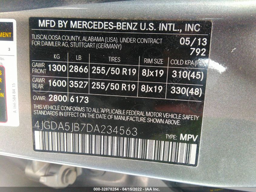 2013 MERCEDES-BENZ M-CLASS ML 350 4JGDA5JB7DA234563
