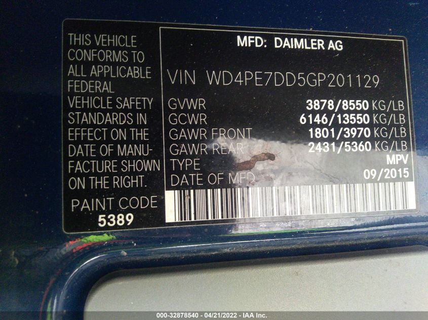 2016 MERCEDES-BENZ SPRINTER VANS WD4PE7DD5GP201129