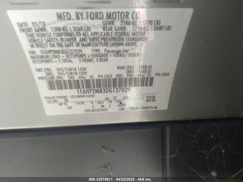 2013 FORD SEDAN POLICE INTERCEPTOR 1FAHP2M83DG127029
