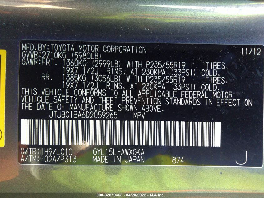 2013 LEXUS RX 450H JTJBC1BA6D2059265