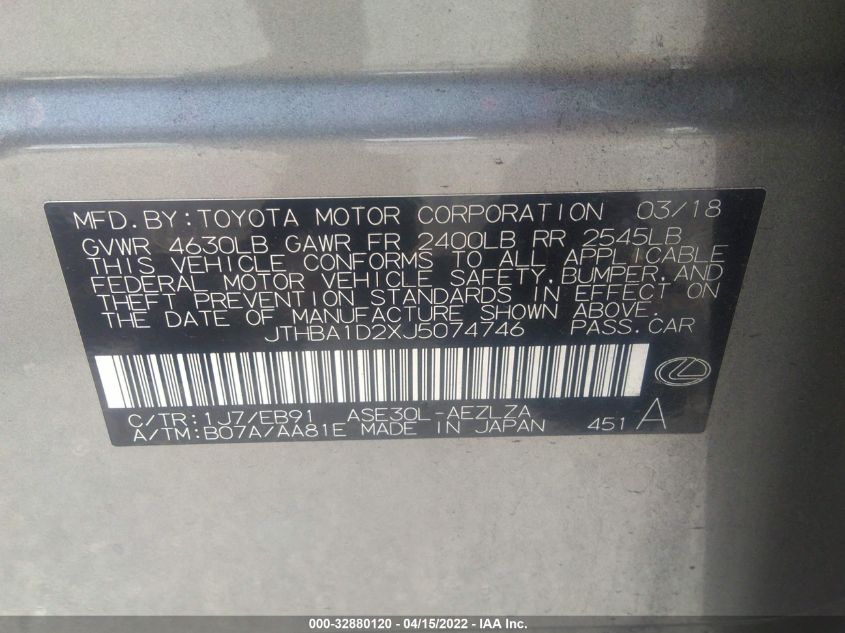 2018 LEXUS IS IS 300 JTHBA1D2XJ5074746