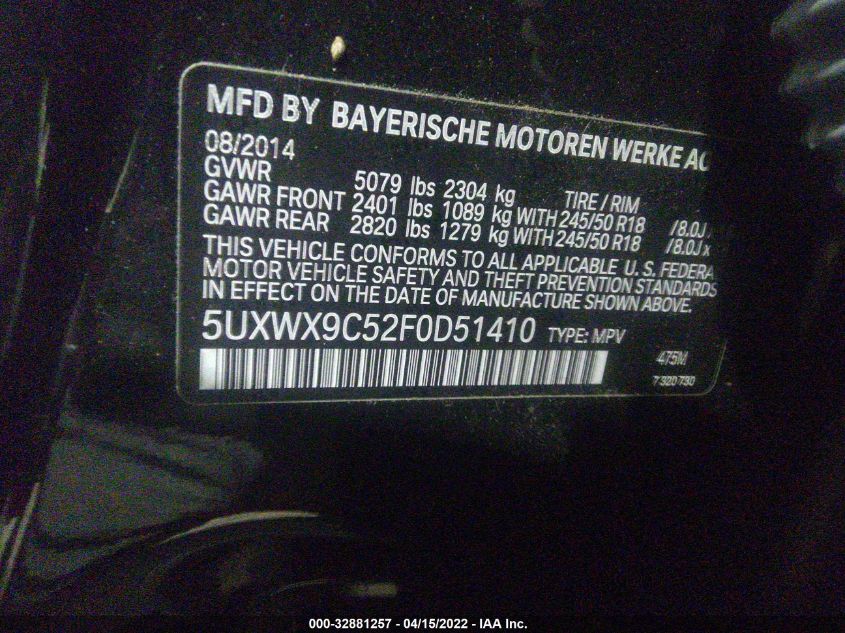 2015 BMW X3 XDRIVE28I 5UXWX9C52F0D51410