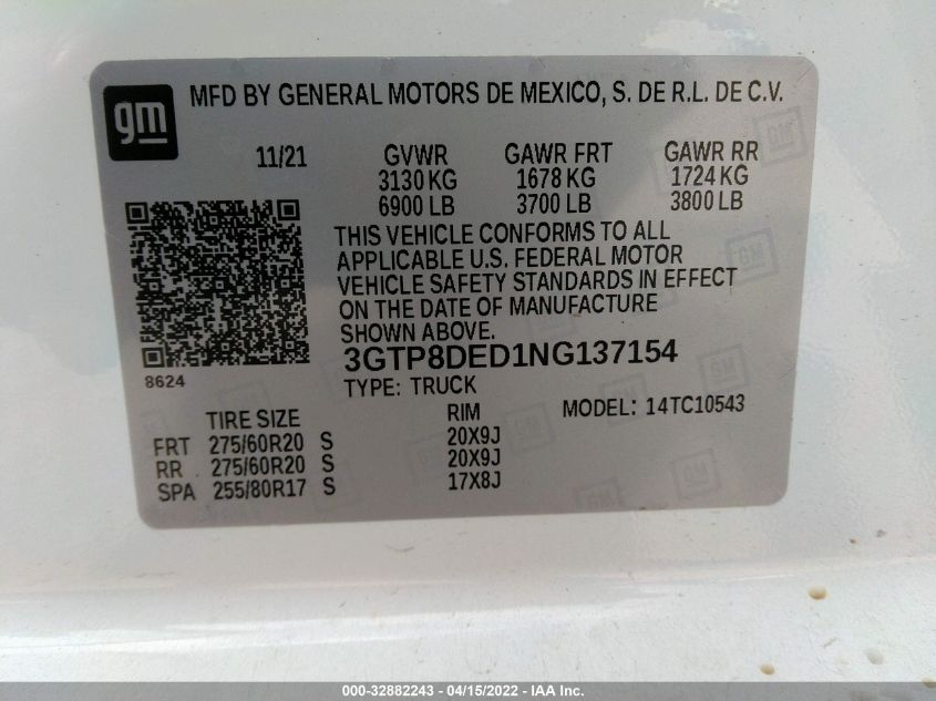 2022 GMC SIERRA 1500 LIMITED SLT 3GTP8DED1NG137154