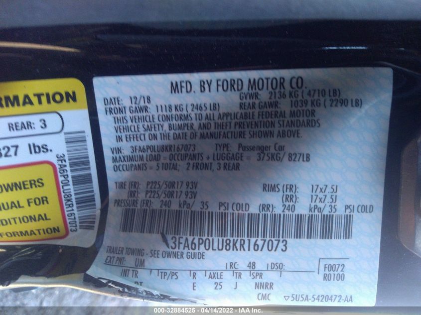 2019 FORD FUSION HYBRID SE 3FA6P0LU8KR167073