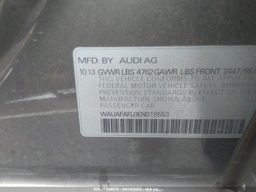 2014 AUDI A4 PREMIUM WAUAFAFL0EN019553
