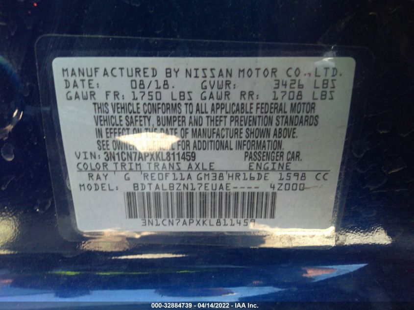 2019 NISSAN VERSA SEDAN SV 3N1CN7APXKL811459