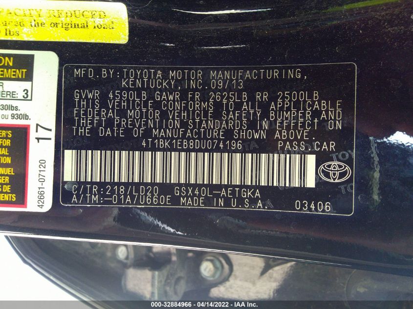 2013 TOYOTA AVALON XLE/LIMITED 4T1BK1EB8DU074196