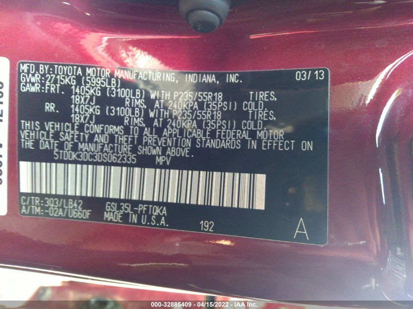 2013 TOYOTA SIENNA XLE/LTD 5TDDK3DC3DS062335