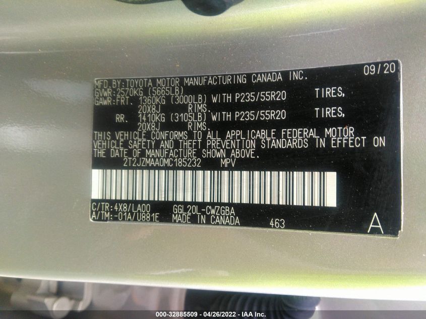 2021 LEXUS RX RX 350 2T2JZMAA0MC185232
