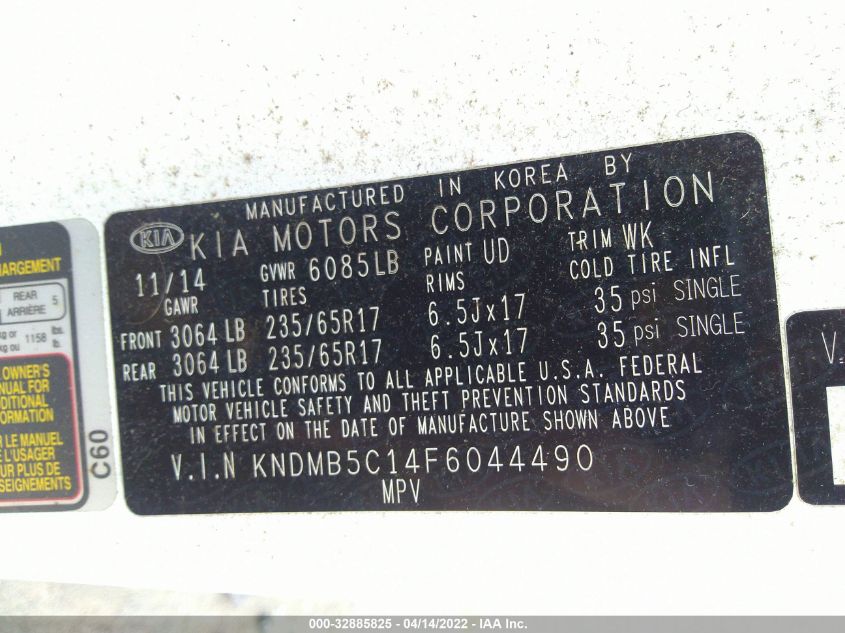2015 KIA SEDONA LX KNDMB5C14F6044490