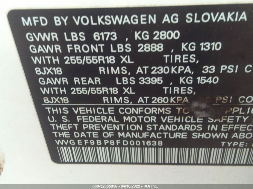 2015 VOLKSWAGEN TOUAREG SPORT W/TECHNOLOGY WVGEF9BP8FD001638