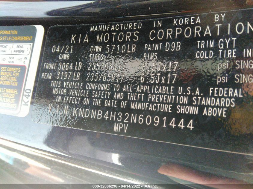 2022 KIA CARNIVAL LX KNDNB4H32N6091444