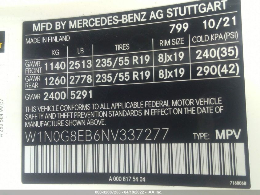 2022 MERCEDES-BENZ GLC W1N0G8EB6NV337277