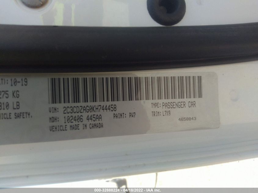 2019 DODGE CHALLENGER SXT 2C3CDZAG0KH744458