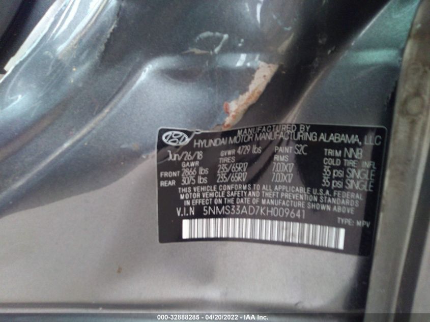 2019 HYUNDAI SANTA FE SEL 5NMS33AD7KH009641