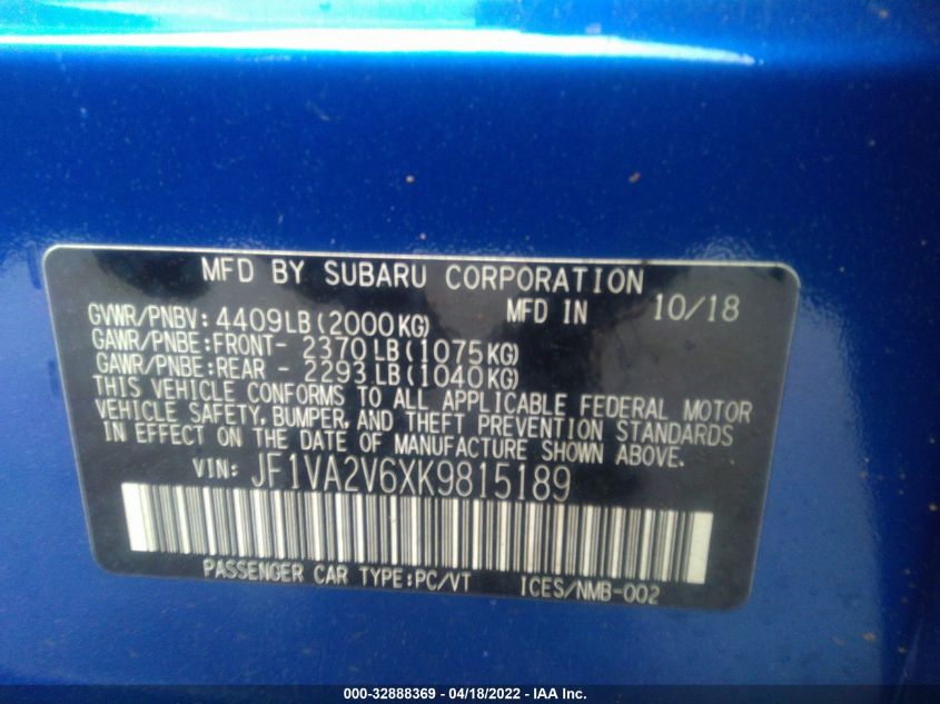 2019 SUBARU WRX STI LIMITED JF1VA2V6XK9815189
