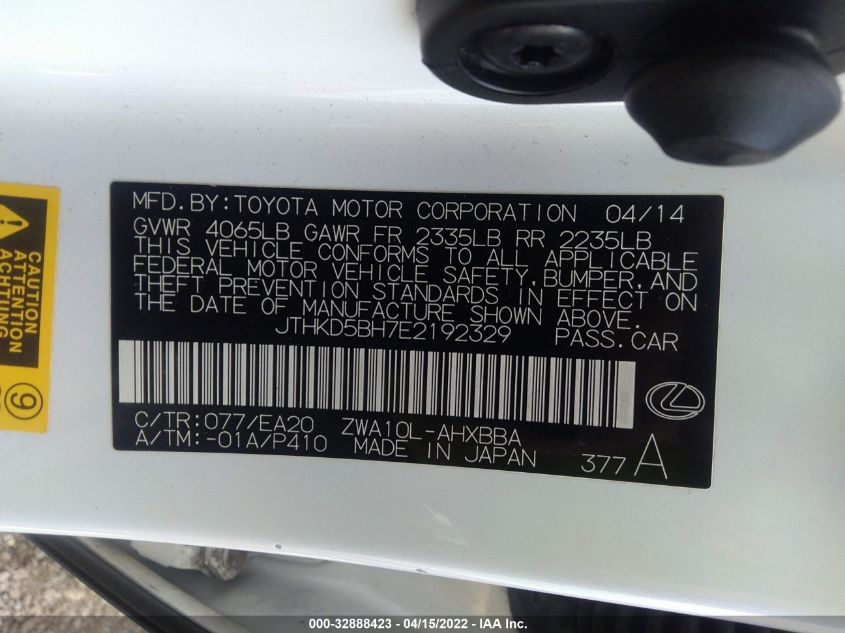 2014 LEXUS CT 200H HYBRID JTHKD5BH7E2192329