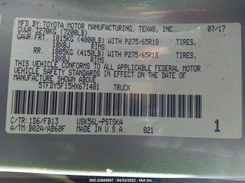 2017 TOYOTA TUNDRA 4WD SR5 5TFDY5F15HX671481