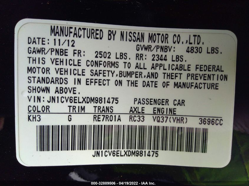 2013 INFINITI G37 COUPE JN1CV6ELXDM981475