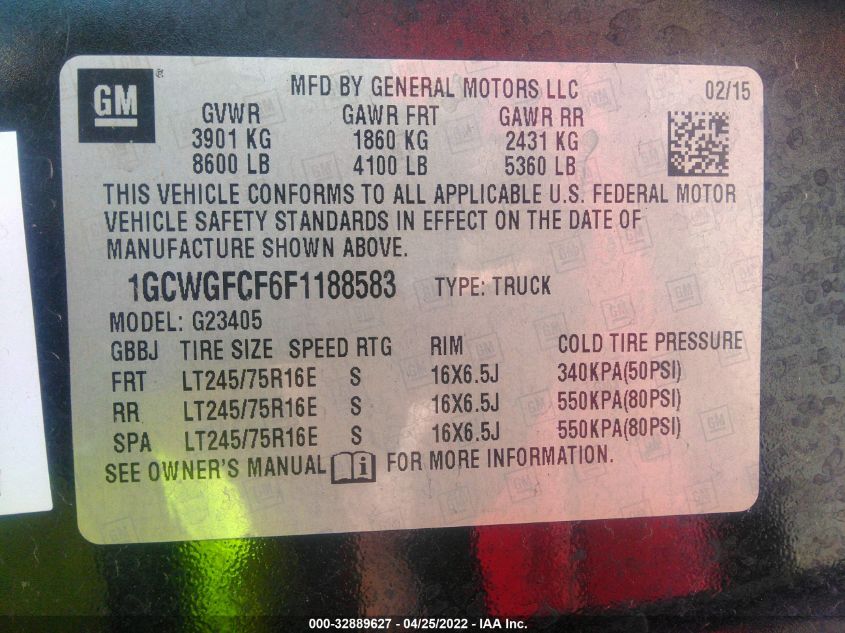 2015 CHEVROLET EXPRESS CARGO VAN 1GCWGFCF6F1188583