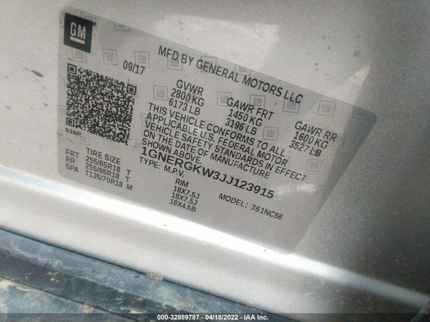 2018 CHEVROLET TRAVERSE LT CLOTH 1GNERGKW3JJ123915