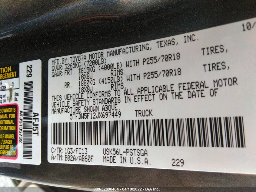 2018 TOYOTA TUNDRA 4WD SR5/LIMITED/PLATINUM 5TFDW5F12JX697449