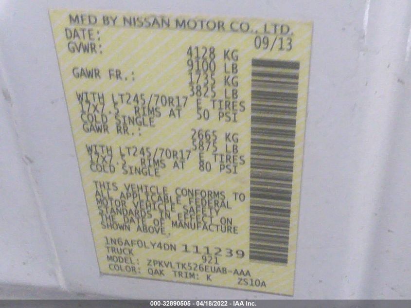 2013 NISSAN NV SV 1N6AF0LY4DN111239