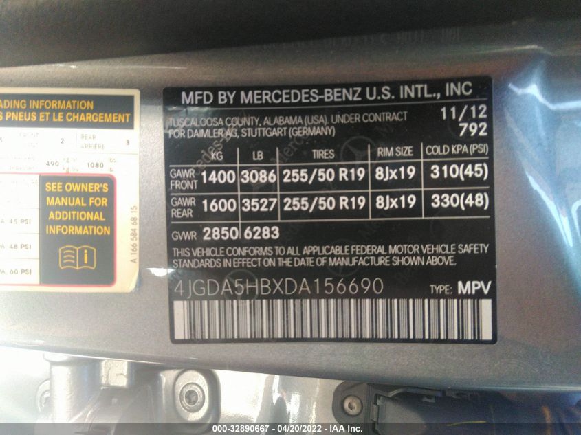 2013 MERCEDES-BENZ M-CLASS ML 350 4JGDA5HBXDA156690