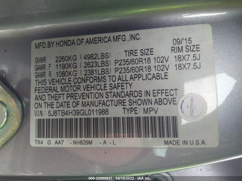 2016 ACURA RDX 5J8TB4H39GL011988