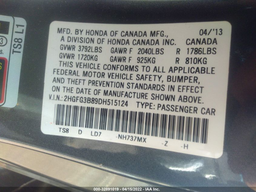 2013 HONDA CIVIC CPE EX 2HGFG3B89DH515124