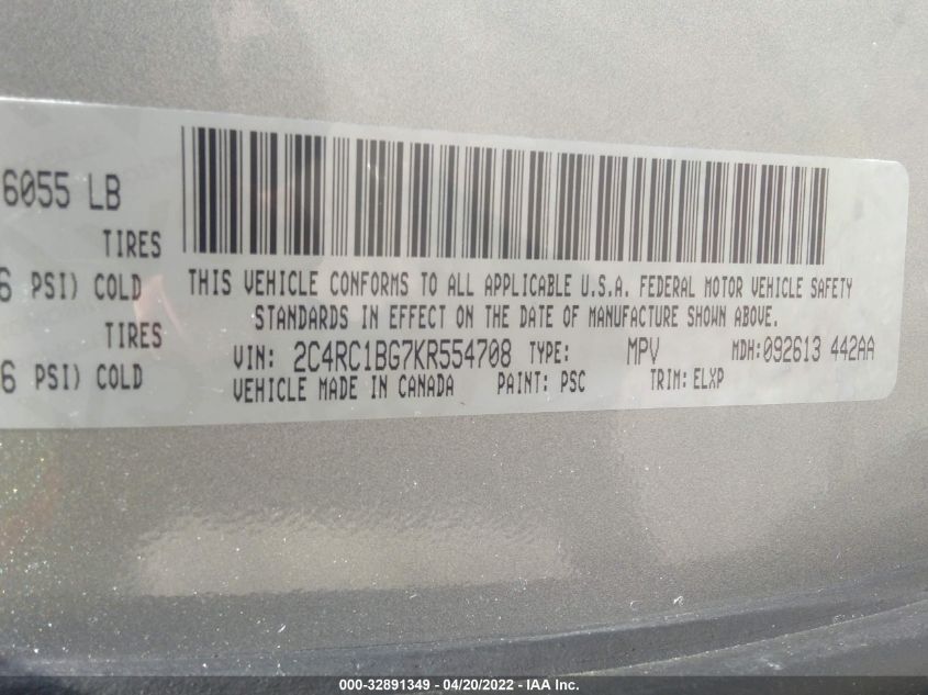 2019 CHRYSLER PACIFICA TOURING L 2C4RC1BG7KR554708