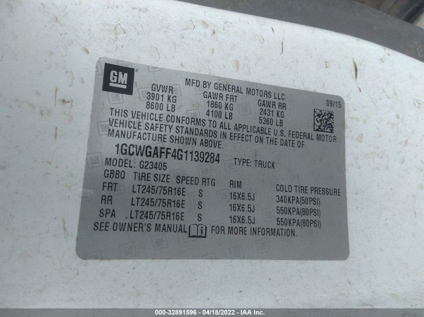 2016 CHEVROLET EXPRESS CARGO VAN 1GCWGAFF4G1139284