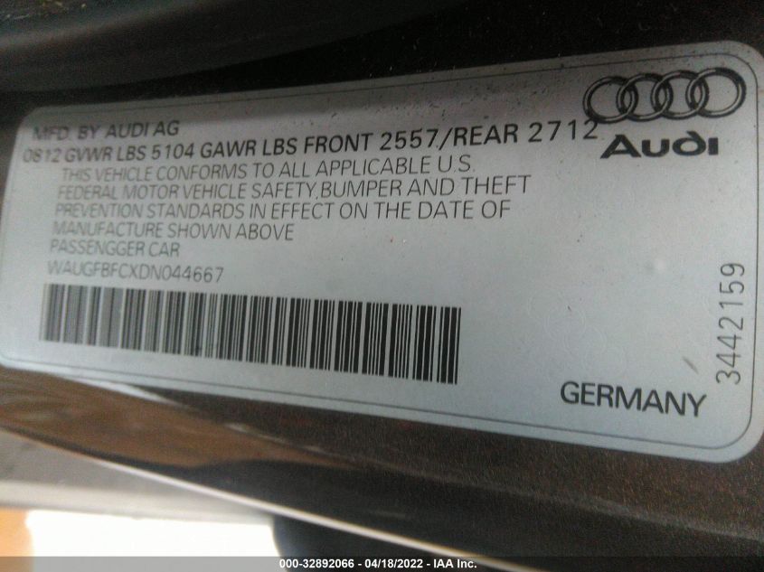 2013 AUDI A6 2.0T PREMIUM PLUS WAUGFBFCXDN044667