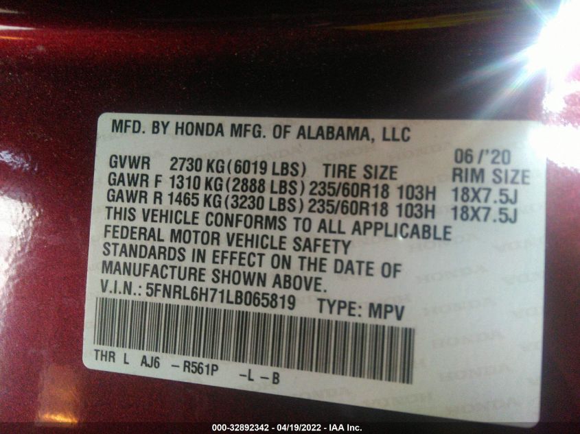 2020 HONDA ODYSSEY EX-L 5FNRL6H71LB065819
