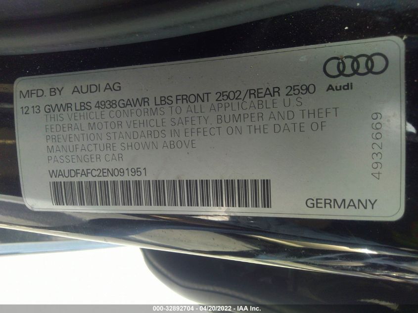 2014 AUDI A6 2.0T PREMIUM PLUS WAUDFAFC2EN091951