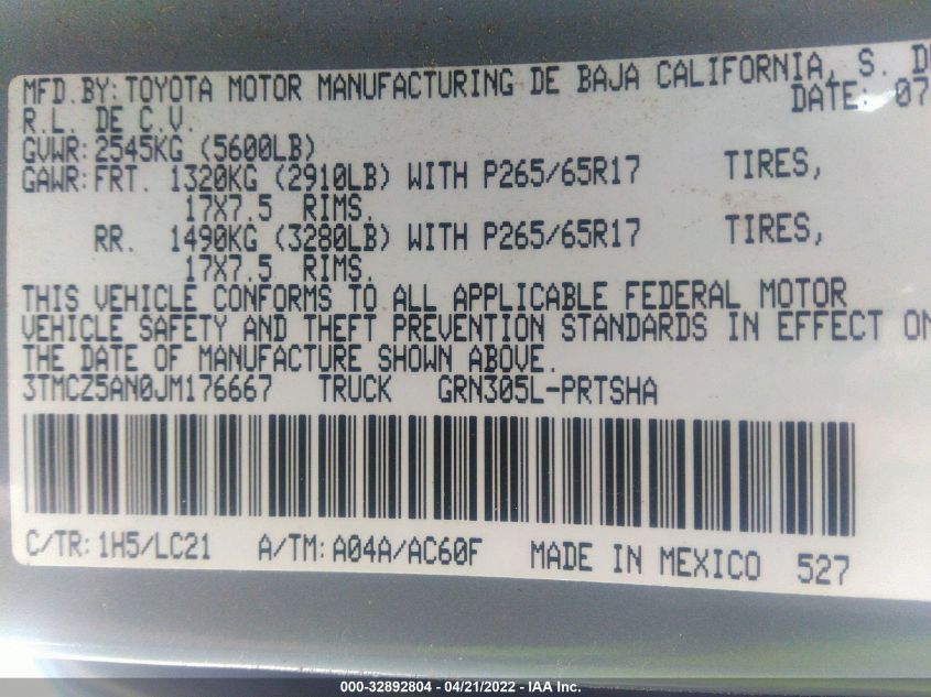 2018 TOYOTA TACOMA SR/SR5/TRD SPORT 3TMCZ5AN0JM176667
