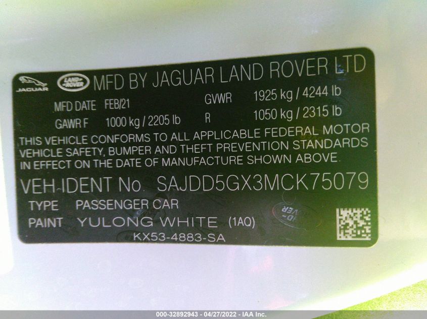 2021 JAGUAR F-TYPE P300 SAJDD5GX3MCK75079