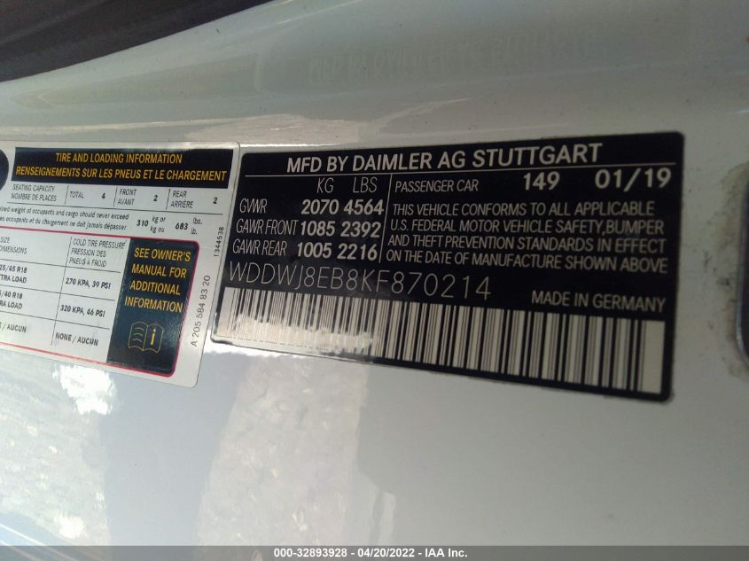 2019 MERCEDES-BENZ C-CLASS C 300 WDDWJ8EB8KF870214