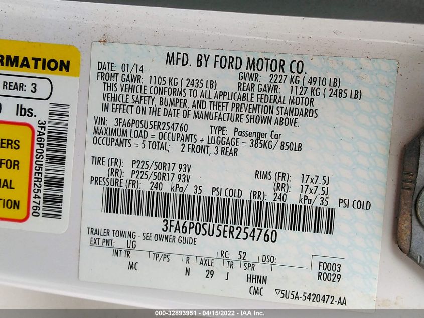 2014 FORD FUSION ENERGI TITANIUM 3FA6P0SU5ER254760