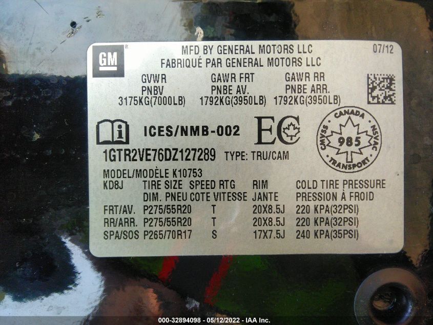 2013 GMC SIERRA 1500 SLE 1GTR2VE76DZ127289