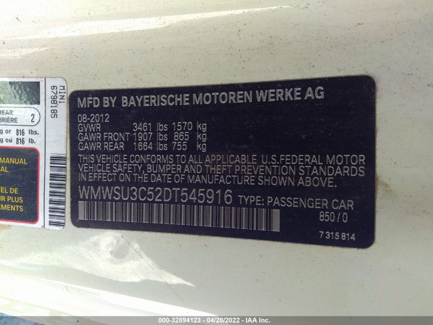 2013 MINI COOPER HARDTOP WMWSU3C52DT545916