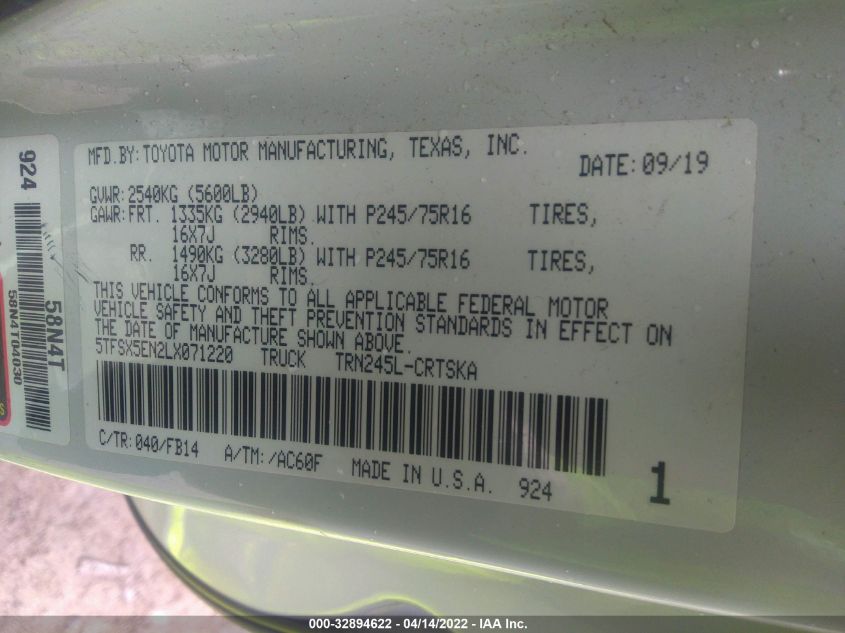 2020 TOYOTA TACOMA 4WD SR/SR5 5TFSX5EN2LX071220