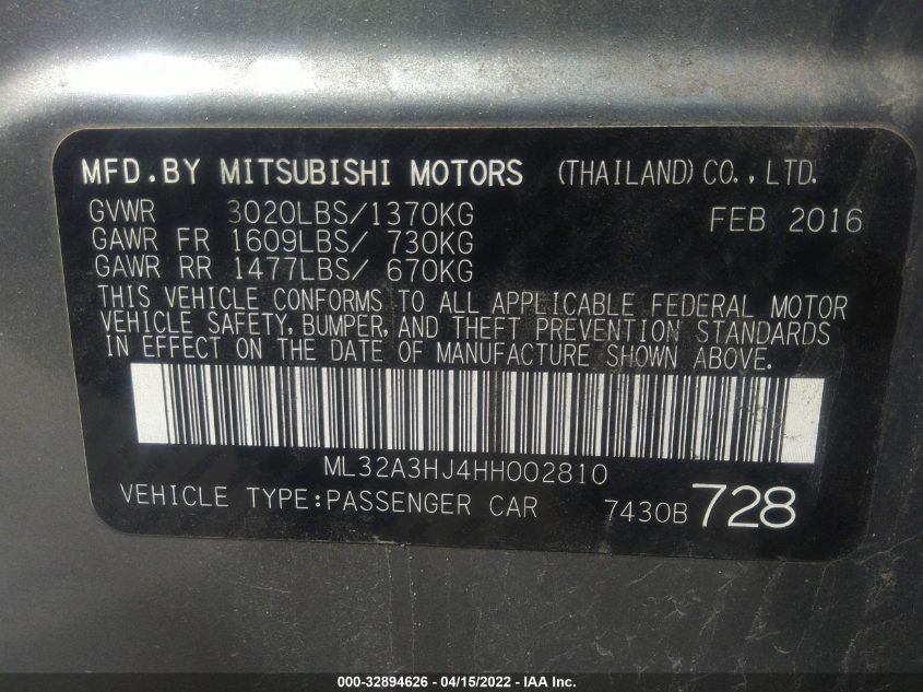 2017 MITSUBISHI MIRAGE ES ML32A3HJ4HH002810