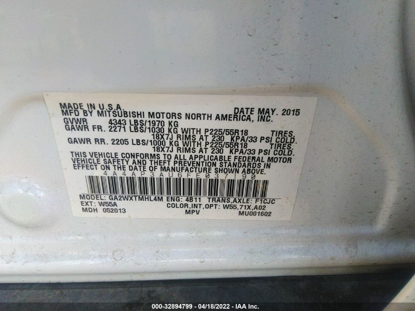 2015 MITSUBISHI OUTLANDER SPORT ES 4A4AP3AU6FE037190