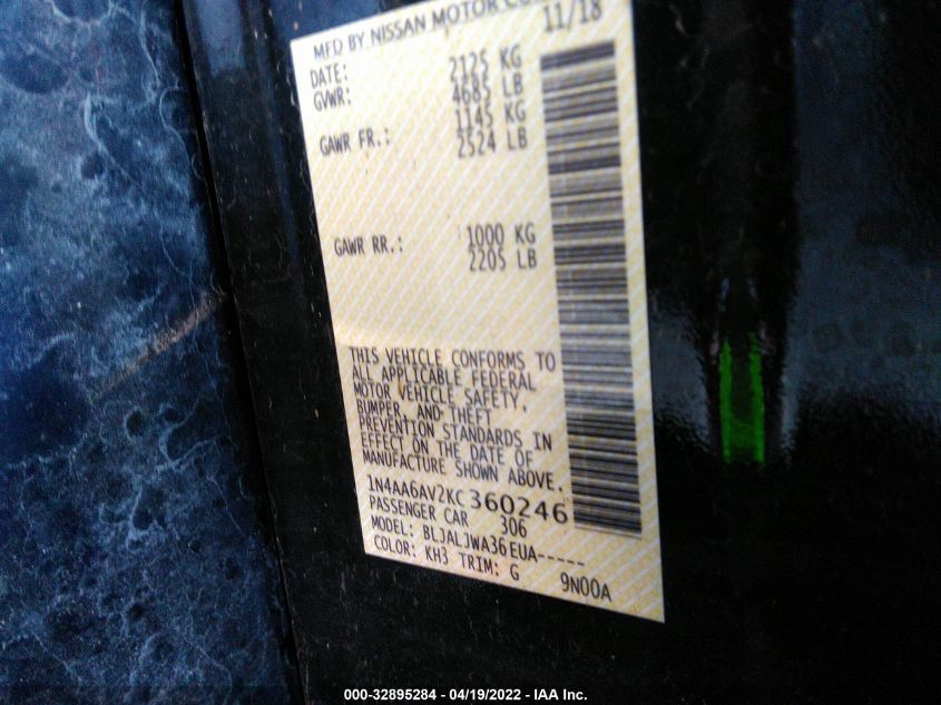 2019 NISSAN MAXIMA SV 1N4AA6AV2KC360246