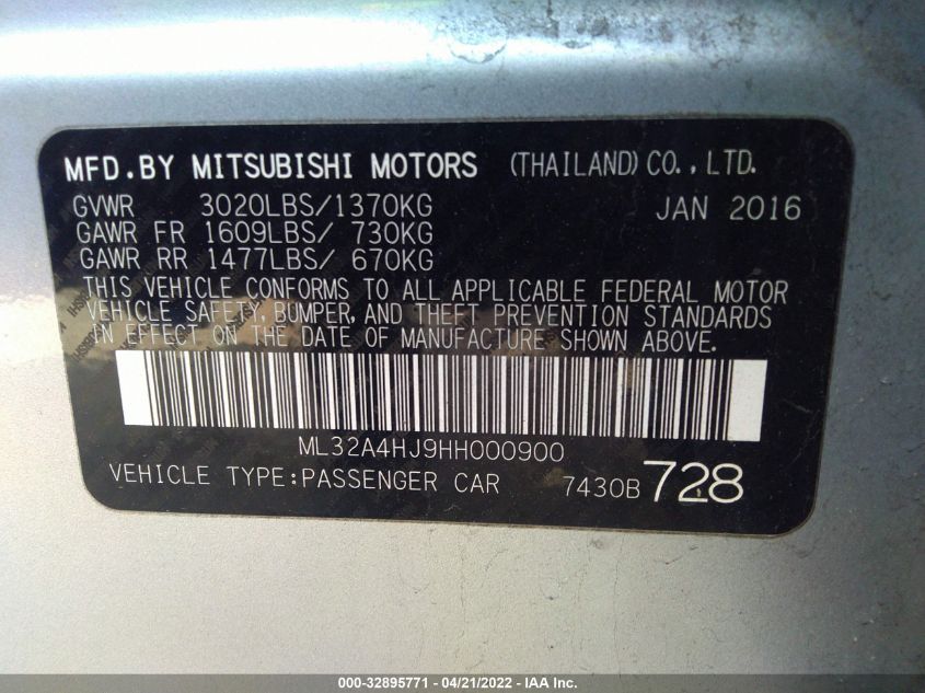 2017 MITSUBISHI MIRAGE SE ML32A4HJ9HH000900