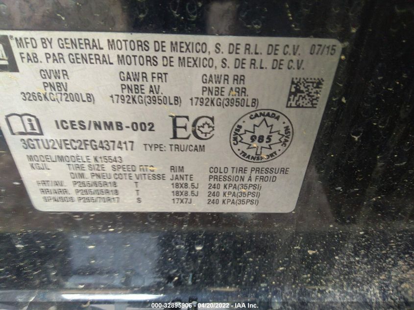 2015 GMC SIERRA 1500 SLT 3GTU2VEC2FG437417