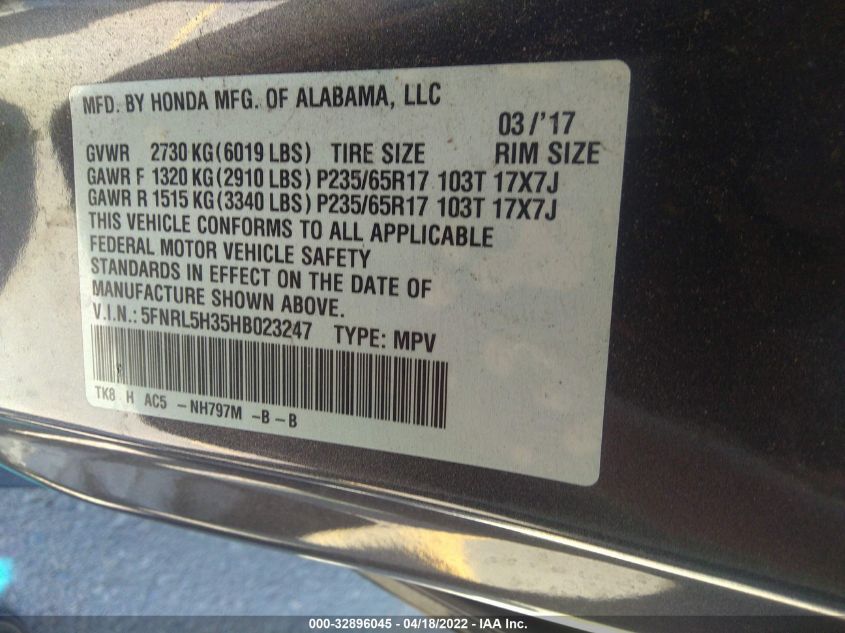 2017 HONDA ODYSSEY SE 5FNRL5H35HB023247