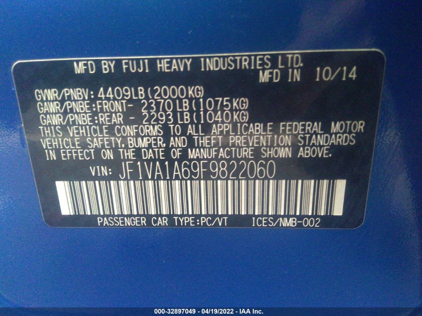 2015 SUBARU WRX JF1VA1A69F9822060